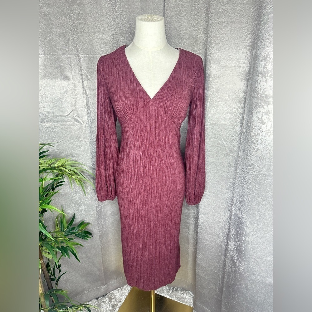 NWT Lush All in Favor Balloon Sleeve Ribbed Midi Dress in Burgundy XS